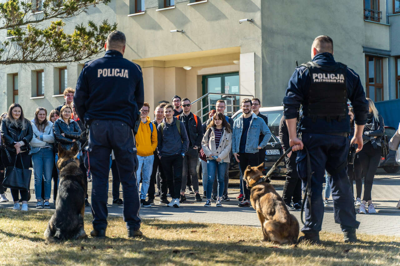 Policjanci z psami na powietrzu wśród studentów